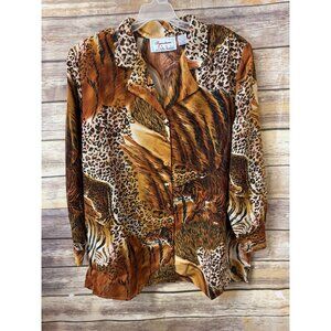 Delta Burke Animal Print Peachskin Blouse 2X Brown Tiger Leopard Long Sleeve‎